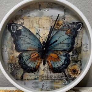 🦋 Bedazzled Butterfly Wall Clock – Blue & Orange